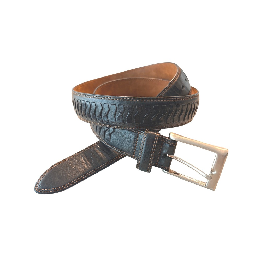 Cole Haan Leather Belt 36 Dark Brown A09631 Embossed Woven Look‎ Stitching